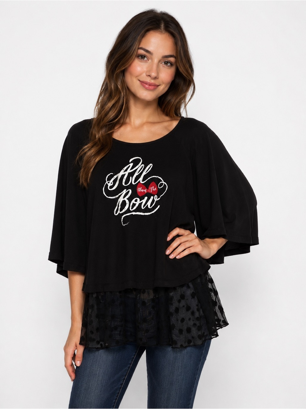 All Bow Black Layered Graphic Women's Top - 0594